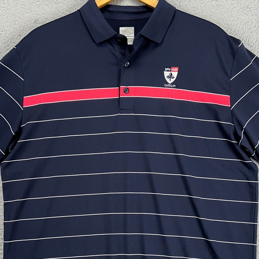 Callaway Opti-Dri Mens Golf Polo Shirt Large Navy Pinstriped Short Sleeve Rugby